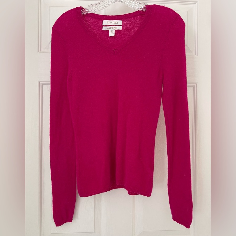 ☀️ Ellen Tracy Pink Classic Crew Neck Pullover Sweater Sz M 100% Cashmere Rose